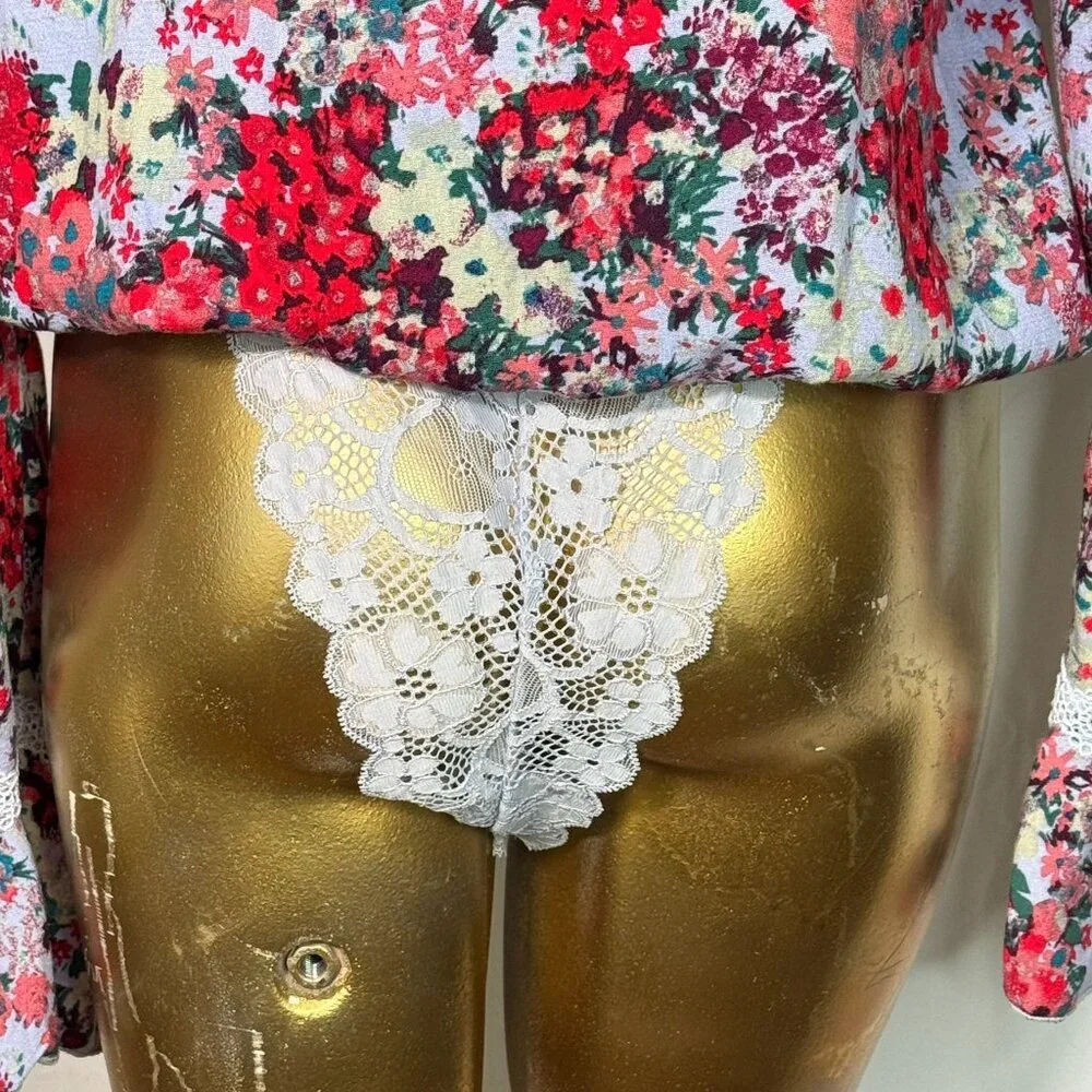 Free People Women's Heat Wave Thong Bodysuit Size Medium Floral Ruffle Blue Red - Picture 7 of 10